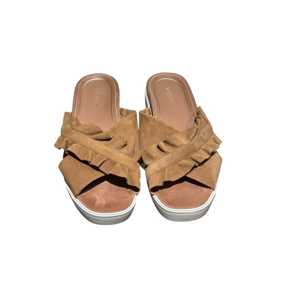 Vionic Azalea Suede Ruffle Slide Sandals Tan Size 9